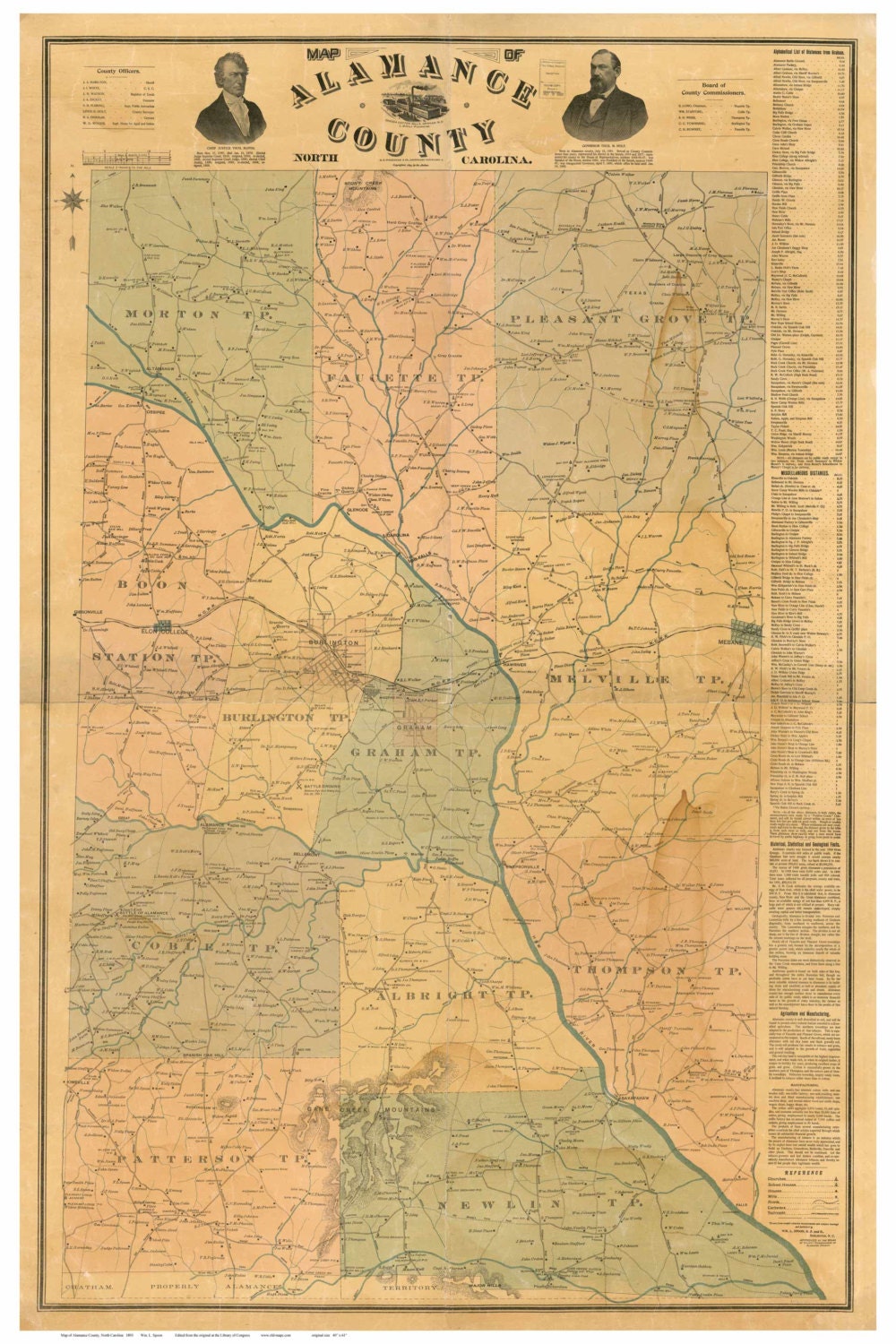 Alamance County North Carolina 1893  -  Old Wall Map  With Homeowner names   Reprint