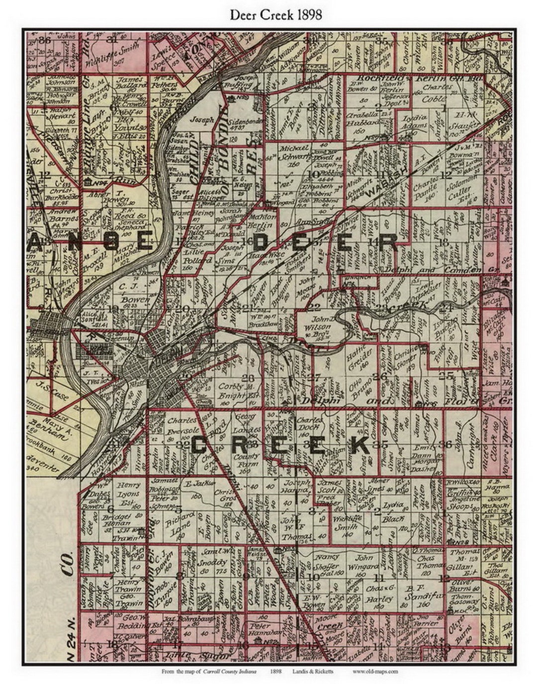 Deer Creek 1898 Old Town Map With Homeowner Names Indiana Delphi ...