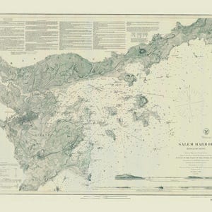 May include: A vintage nautical chart of Salem Harbor, Massachusetts, printed in shades of green and cream. The map features detailed coastal topography, depth soundings, a compass rose, and extensive text blocks providing historical survey data.