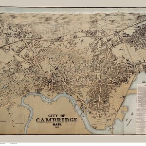 May include: An antique map of Cambridge, Massachusetts, from 1852. The map shows the city's streets, buildings, and waterways. The map is printed in black and white on a cream-colored background.
