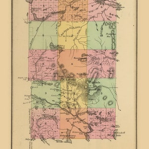May include: A vintage map of timber lands in Maine, with a scale of 4 miles to the inch. The map is divided into numbered sections, with various rivers, lakes, and mountains labeled. The map is printed in shades of green, yellow, pink, and brown.