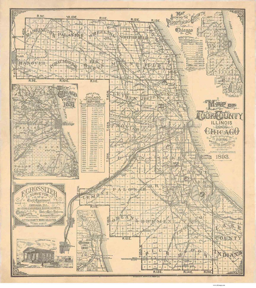 Cook County Illinois 1893 Rossiter Chicago Area Old Map Etsy