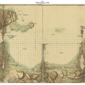 May include: An antique map of Petit Goave, Haiti, from 1752. The map shows the layout of the town and its surrounding area, including the harbor and the surrounding countryside. The map is drawn in a detailed style, with many features labeled in French.