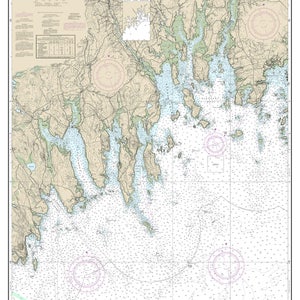 May include: A nautical chart of the Tibbett Narrows to Schoodic Island area in Maine. The chart shows the coastline, islands, and waterways, with depth soundings in feet. The chart is printed on a white background with blue lines and black text.