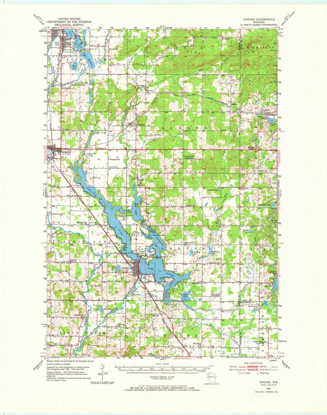 Chetek 1951 1969 Old Topo Map Prairie Lake Lake Chetek Quad Reprint