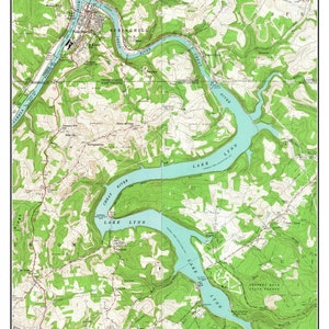 May include: A vintage map of Cheat Lake, West Virginia and Pennsylvania, circa 1960. The map shows the lake, surrounding rivers, and nearby towns. The map is printed in green, blue, and brown.