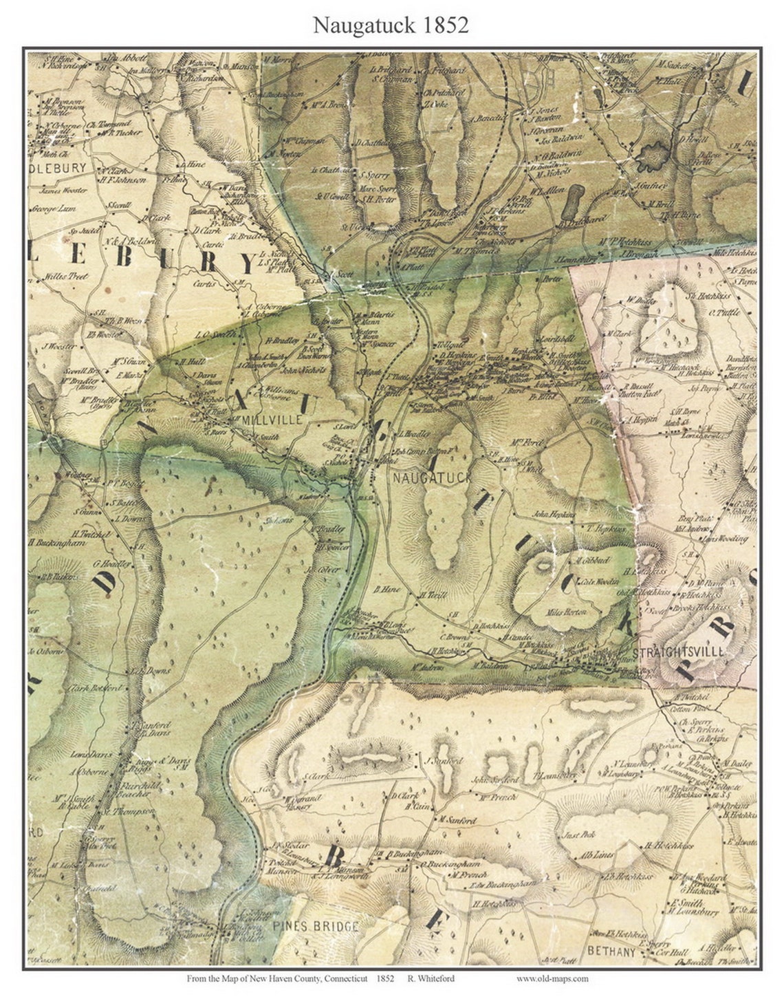 Naugatuck 1852 Old Town Map with Homeowner Names Connecticut Etsy
