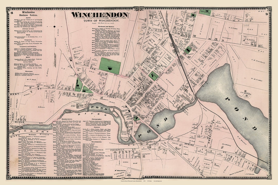 Winchendon Village 1870 Old Town Map With Homeowner Names Massachusetts - Reprint Worcester Co ...