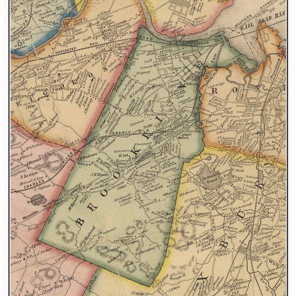 Brookline 1852 Old Town Map with Homeowner Names Massachusetts - Reprint Genealogy Boston & Vicinity Co. MA TM