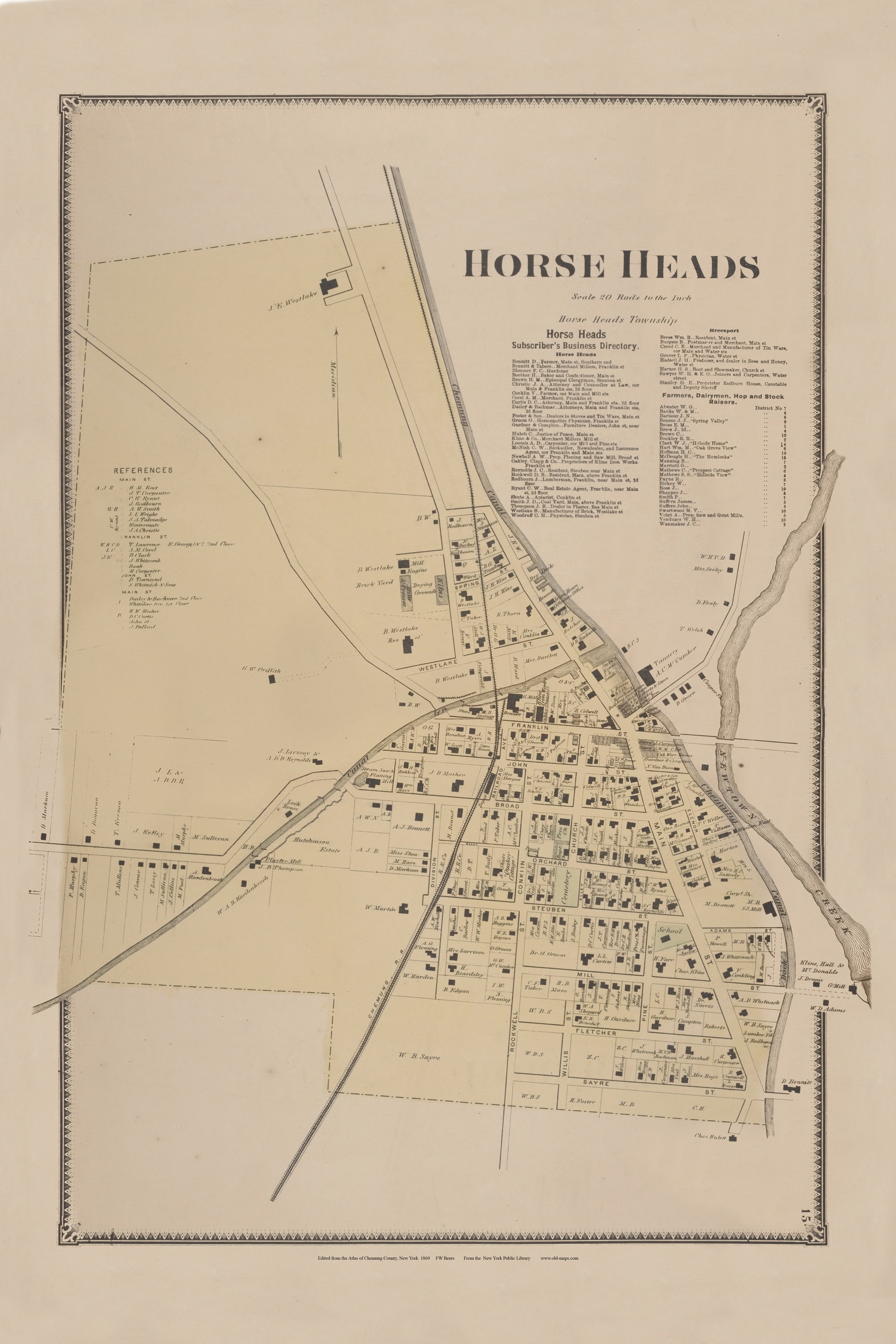 Horse Heads Village 1869 Horseheads Old Map Homeowner Names Reprint