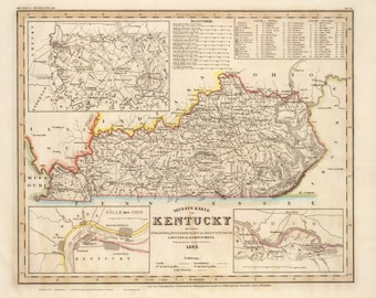 May include: A vintage map of Kentucky from 1845, showing the state's counties, rivers, and roads. The map is in German and includes a scale and a key. The map is titled "Neueste Karte fur Kentucky" and is printed on a cream-colored paper.