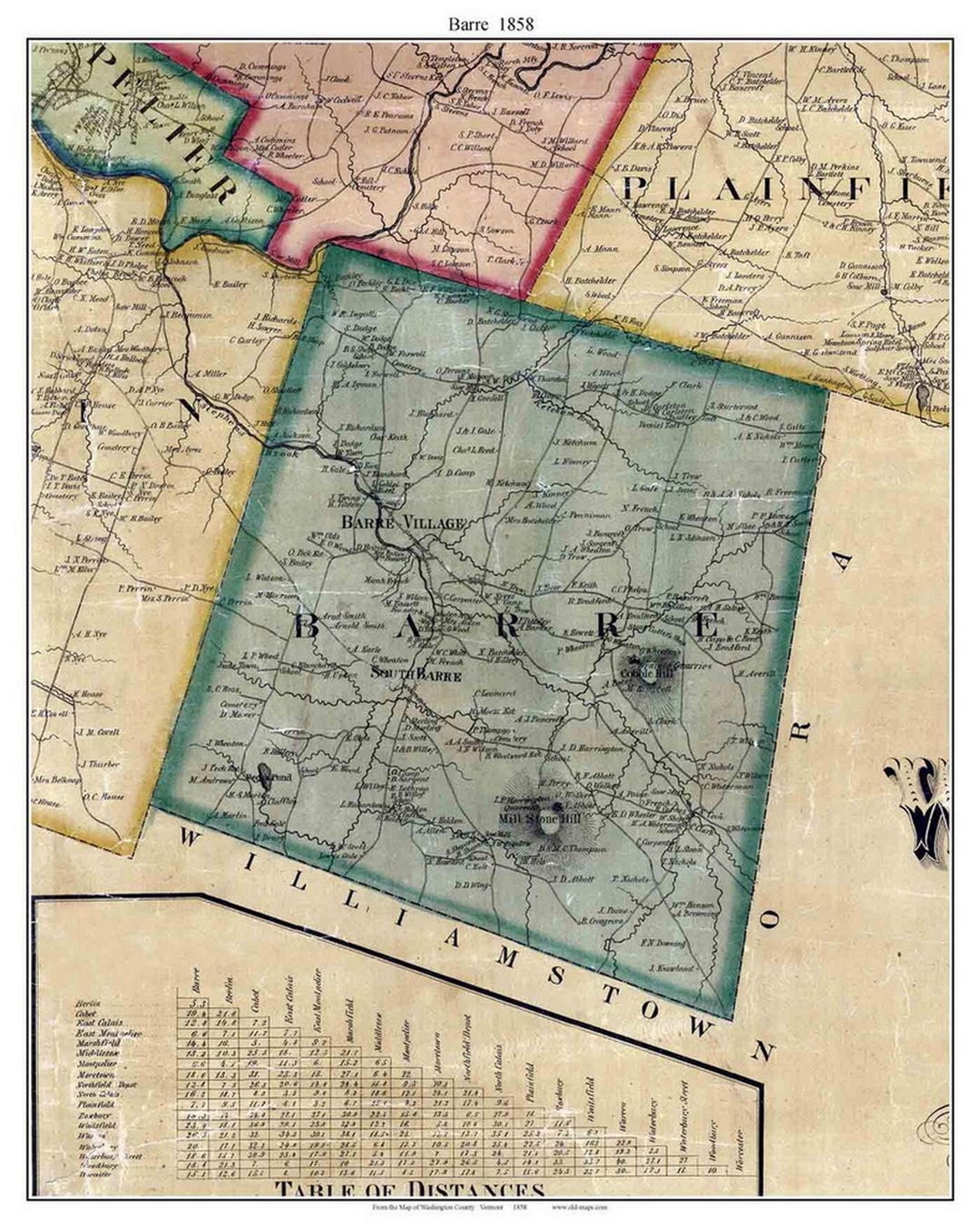 Barre 1858 Old Town Map With Homeowner Names - Vermont - Washington ...