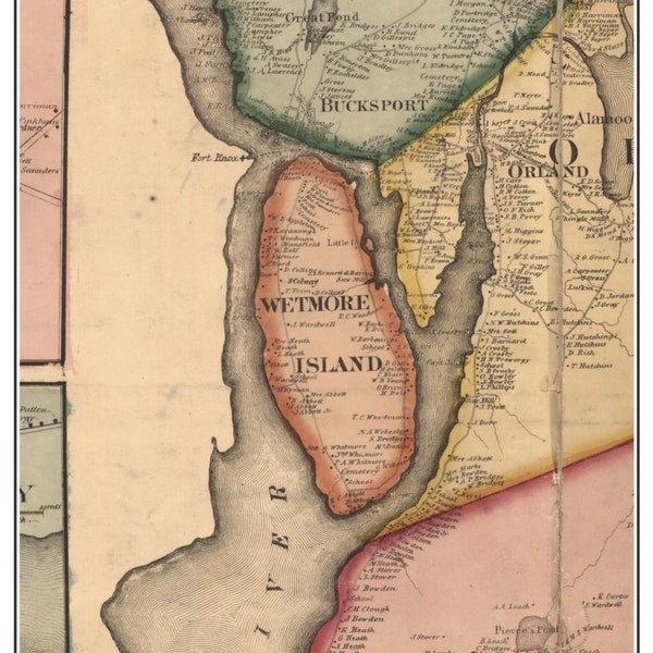 Wetmore Island 1860 Old Town Map with Homeowner Names Maine Bucksport Orland - Reprint Hancock County ME TM