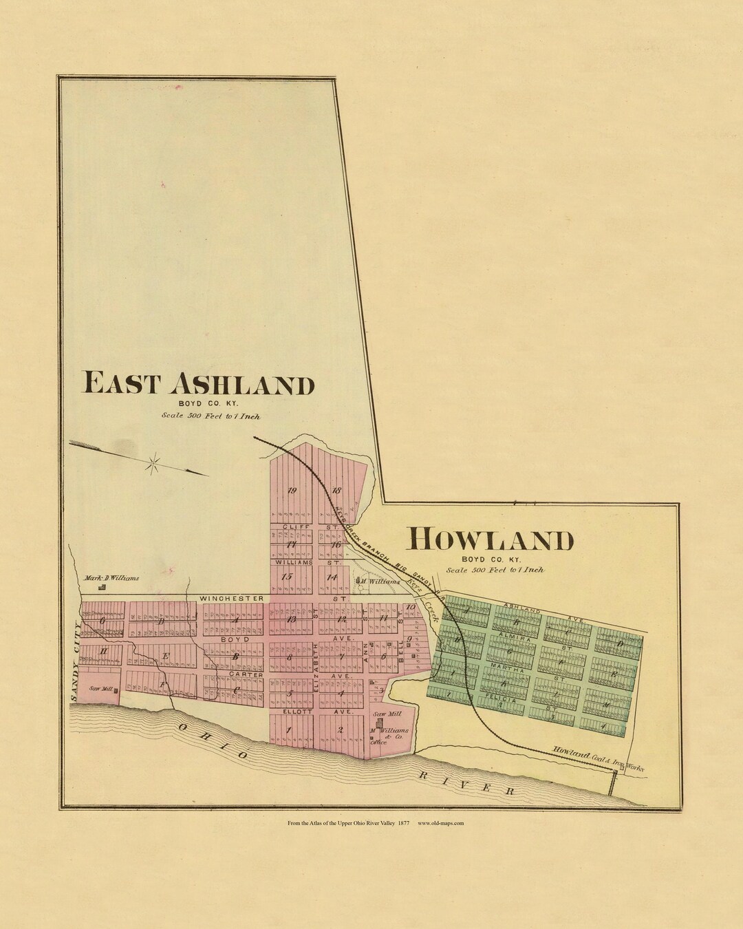 East Ashland & Howland 1877 Old Town Map Boyd County Kentucky Ohio