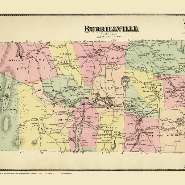 Burrillville Rhode Island 1870  Old Town Map Reprint with Homeowner Names - Genealogy RI TM