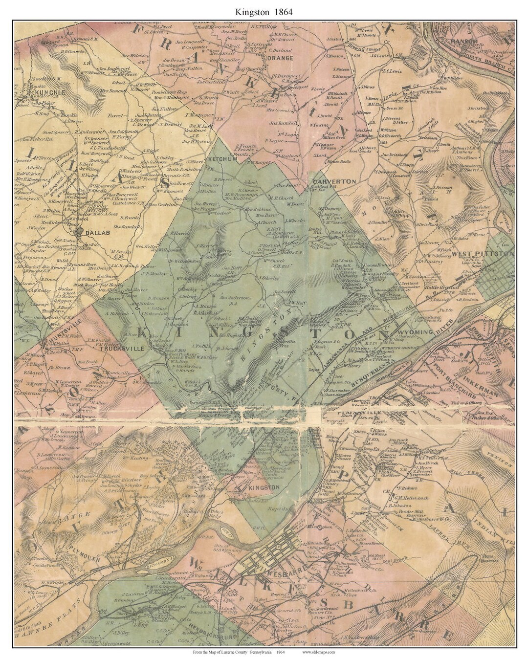 Kingston 1864 Old Town Map With Homeowner Names Pennsylvania Reprint ...