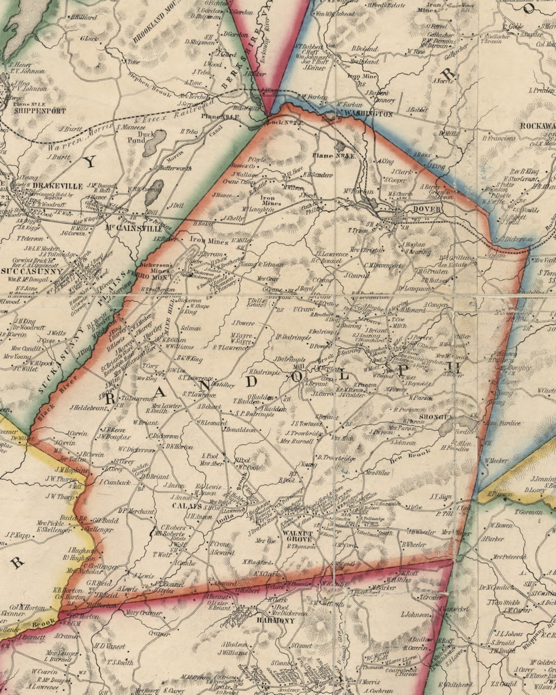 Randolph 1853 Old Town Map With Homeowner Names Dover Walnut Grove New Jersey Reprint Genealogy