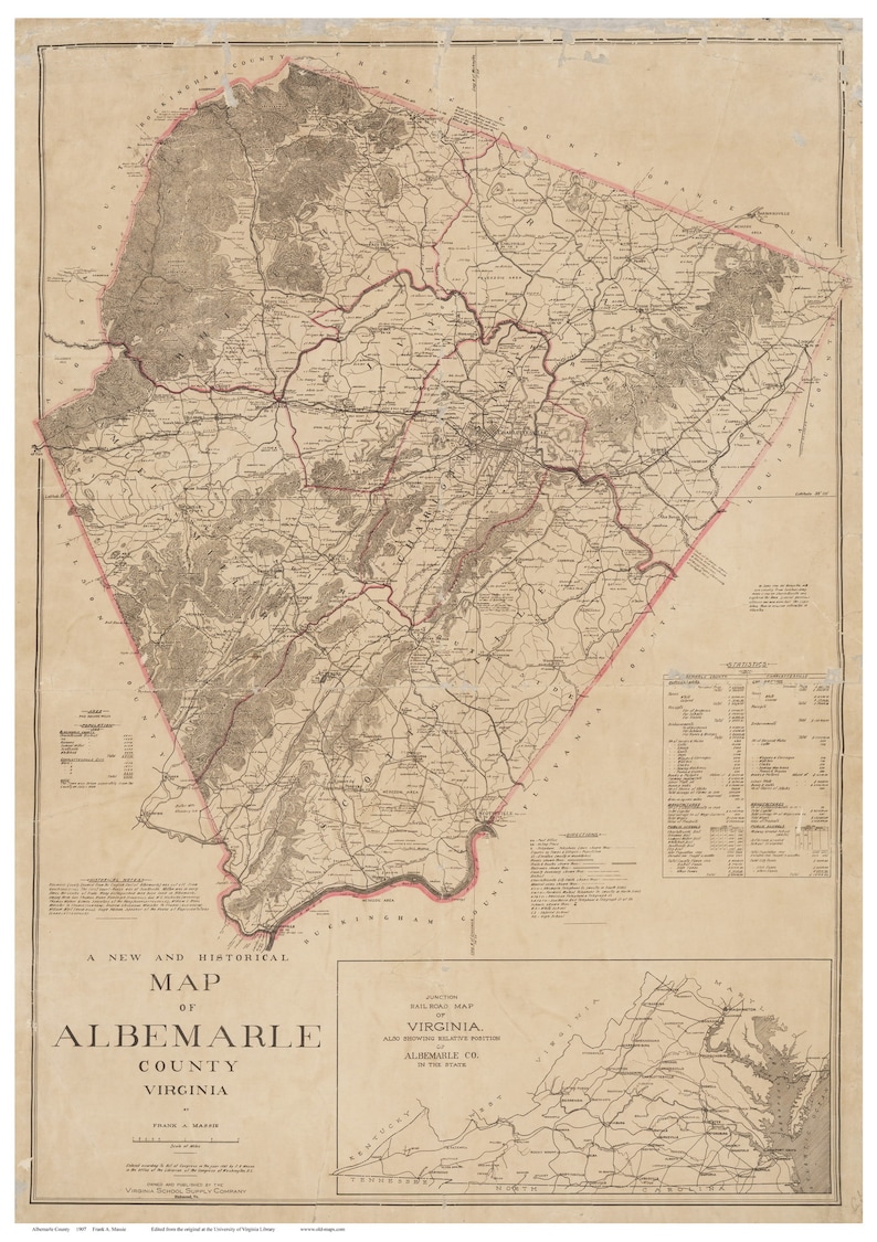 Albemarle County Virginia 1907 Old Wall Map With Etsy