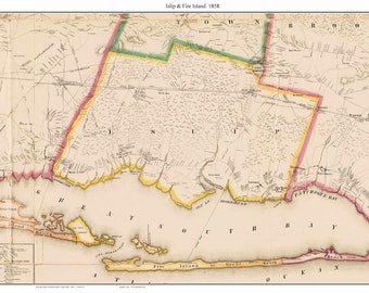 Islip & Fire Island New York 1858 map Sayville Pentaquit Islip Lakeland Lake Ronkonkoma Captree Island-Suffolk Co. - Genealogy Reprint NY TM