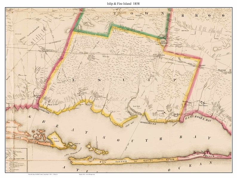 Islip & Fire Island New York 1858 map Sayville Pentaquit Islip Etsy