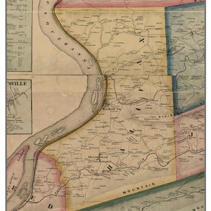 May include: An antique map of Halifax, Pennsylvania from 1862. The map shows the town's layout with roads, rivers, and the names of various locations. The map is printed on aged paper with a yellowed hue.