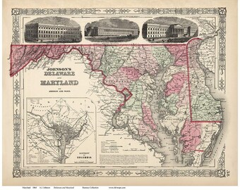 Maryland State Map 1864 Delaware District of Columbia - Old Map Reprint