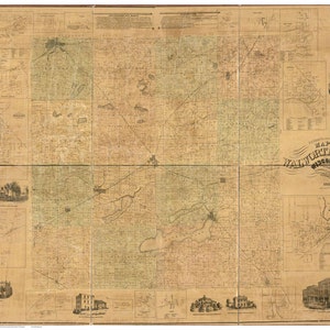 May include: An antique map of Walworth County, Wisconsin, from 1857. The map is divided into sections and shows the county's roads, rivers, and towns. The map is printed on a cream-colored paper with brown and green ink.