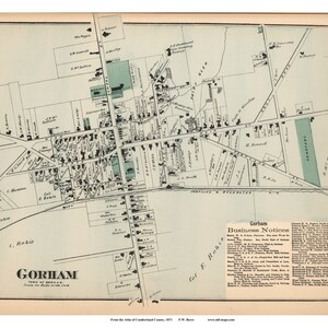 May include: A vintage map of Gorham, Maine, from 1911. The map shows the town's streets, buildings, and businesses. The map is in black and white with a light blue background. The map includes a key with business notices for Gorham.