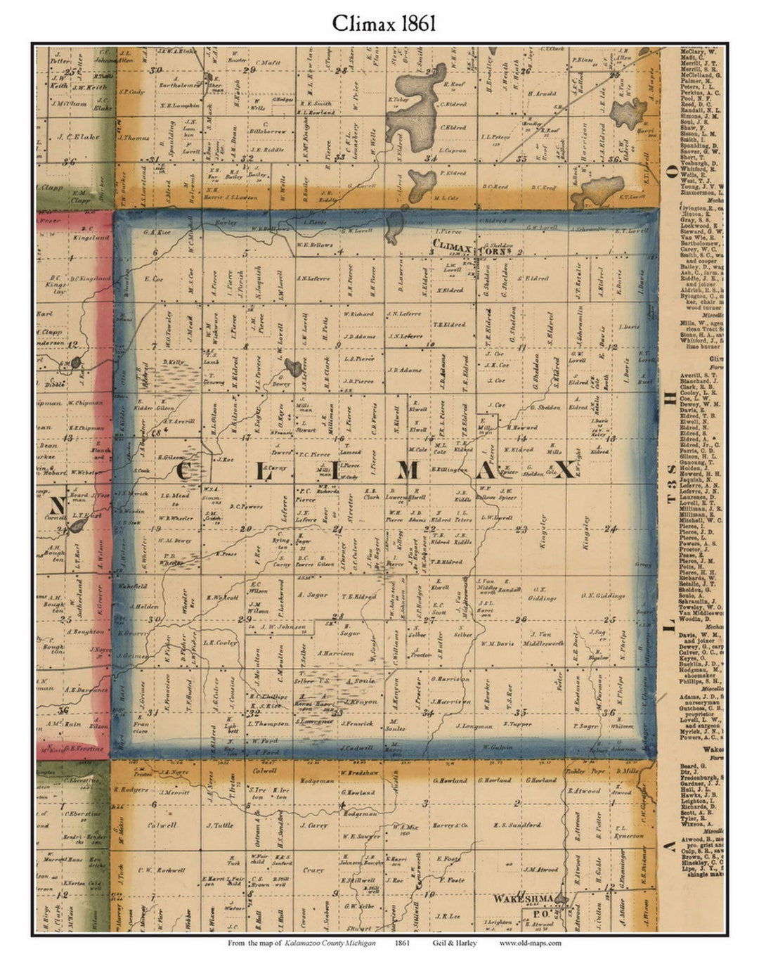 Climax 1861 Old Town Map With Homeowner Names Galesburg Michigan
