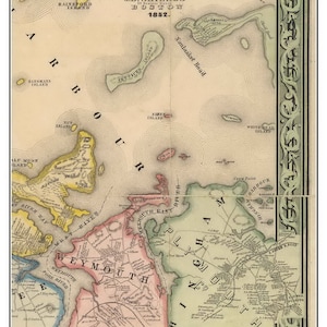 May include: An antique map of Hingham, Massachusetts, published in 1852 by J.B. Shields. The map shows the town's streets, waterways, and surrounding islands. The map is printed in shades of brown, green, and pink.