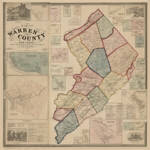 Warren County  New Jersey 1860 Old Wall Map -  Reprint with Homeowner Names - Genealogy