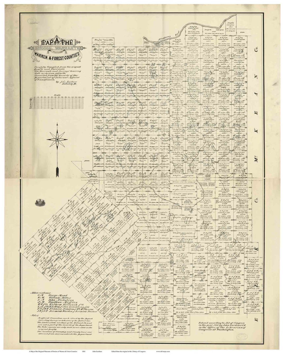 Warren & Forest Counties Pennsylvania Ca. 1881 Original Warrants Map