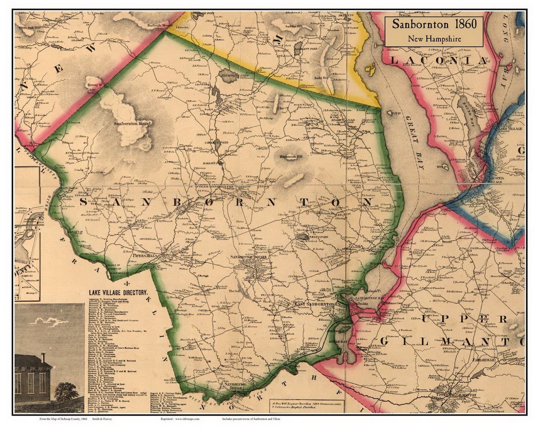 Sanbornton 1860 Old Town Map With Homeowner Names New Hampshire Reprint Belknap Co. NH TM Etsy
