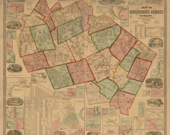 May include: Antique map of Merrimack County, New Hampshire, from 1836. The map features detailed county divisions in shades of red, green, and yellow, with surrounding illustrations of buildings and landscapes. The map is framed with an ornate border.
