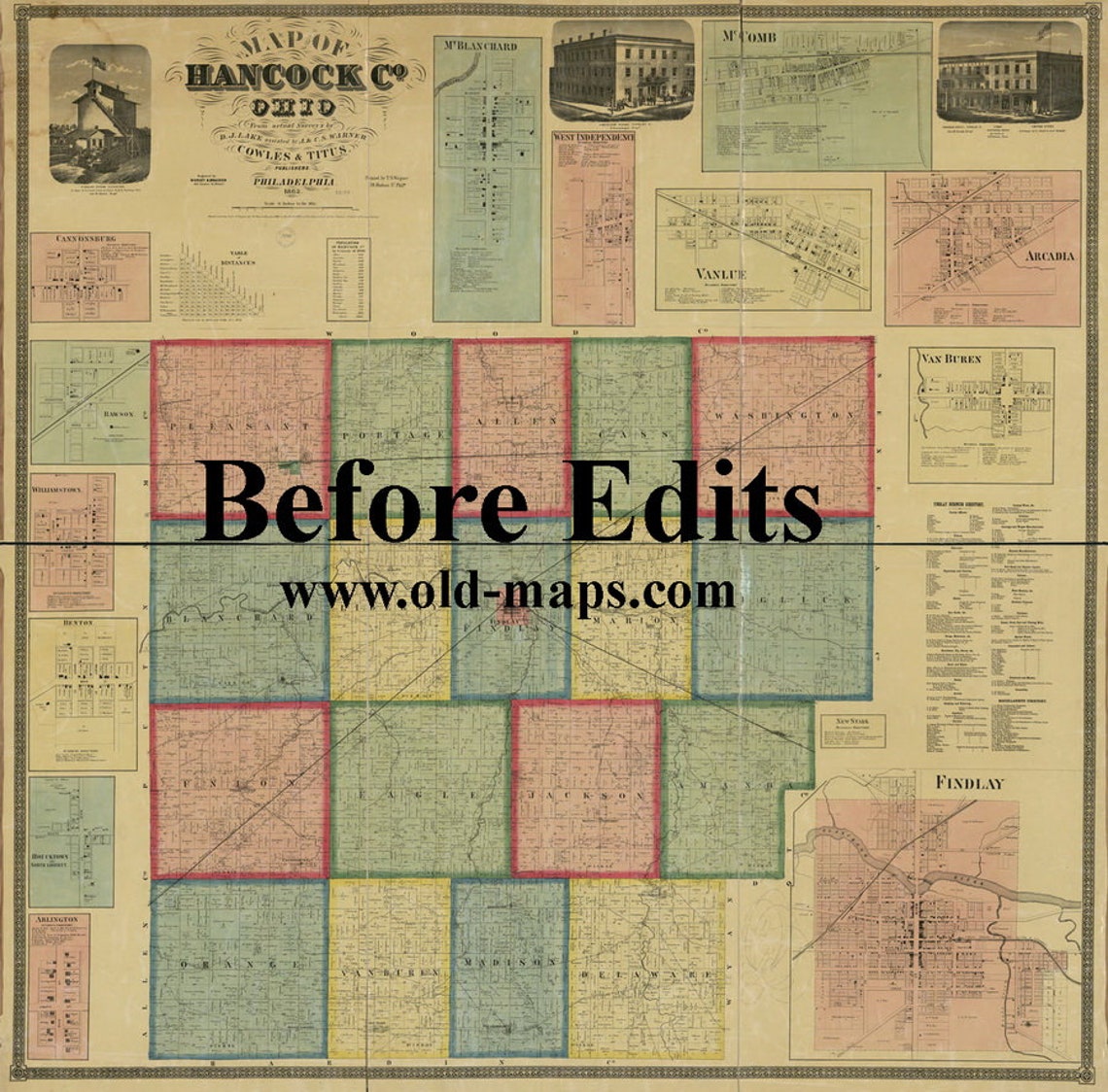 Hancock County Ohio 1863 Old Wall Map Reprint With Homeowner Etsy