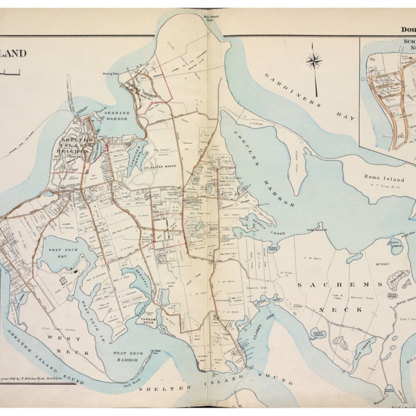 Shelter Island - 1916 - Long Island New York - Suffolk Co Atlas V2  Southampton Town Map Reprint LI NY