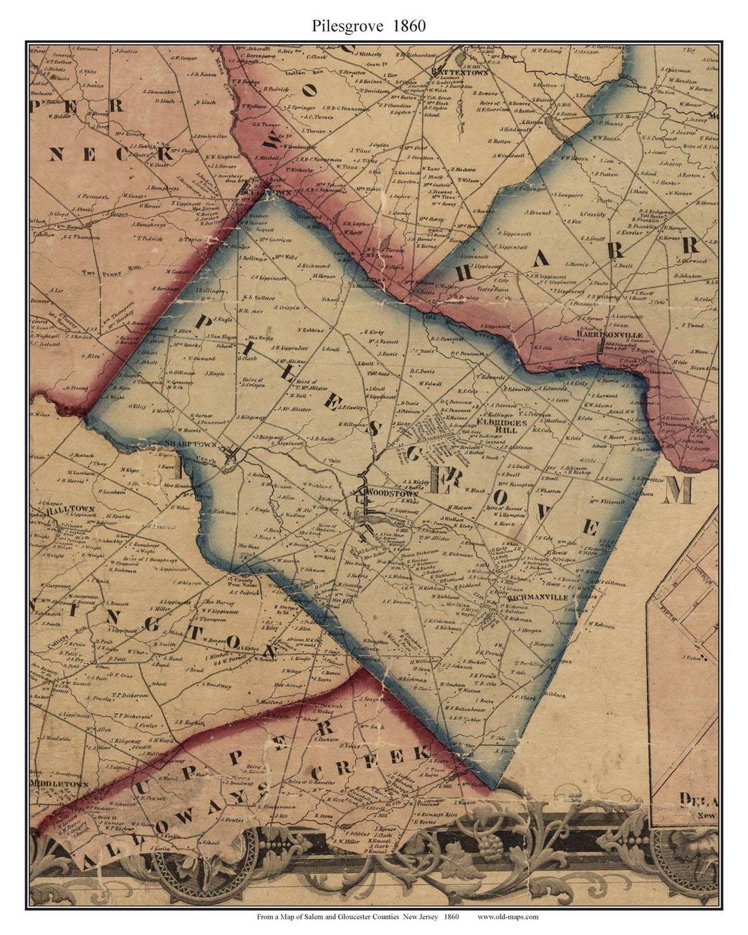 Pilesgrove 1860 Old Town Map With Homeowner Names New Jersey Etsy
