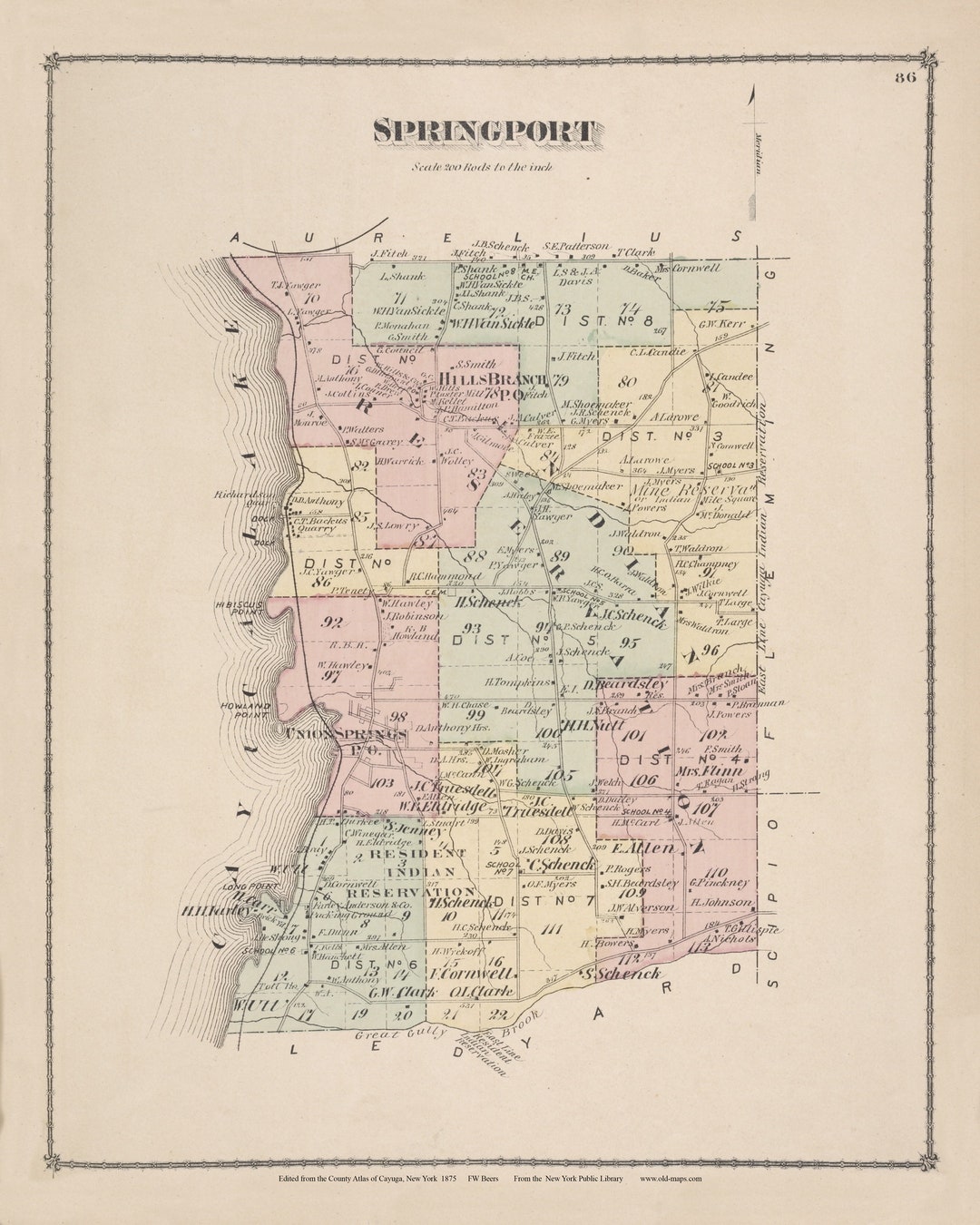 Springport 1853 Map Springport 1875 Map Union Springs Cayuga Lake Homeowner names Reprint ...