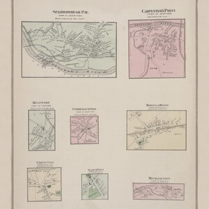 May include: A vintage map of Deer Park, New York, showing the locations of Sparrowbush P.O., Carpenter's Point, Huguenot, Cuddebackville, Howells Depot, Circleville, Scotchtown, and Mechanicstown. The map is printed on a cream-colored paper with a light pink and green color scheme.
