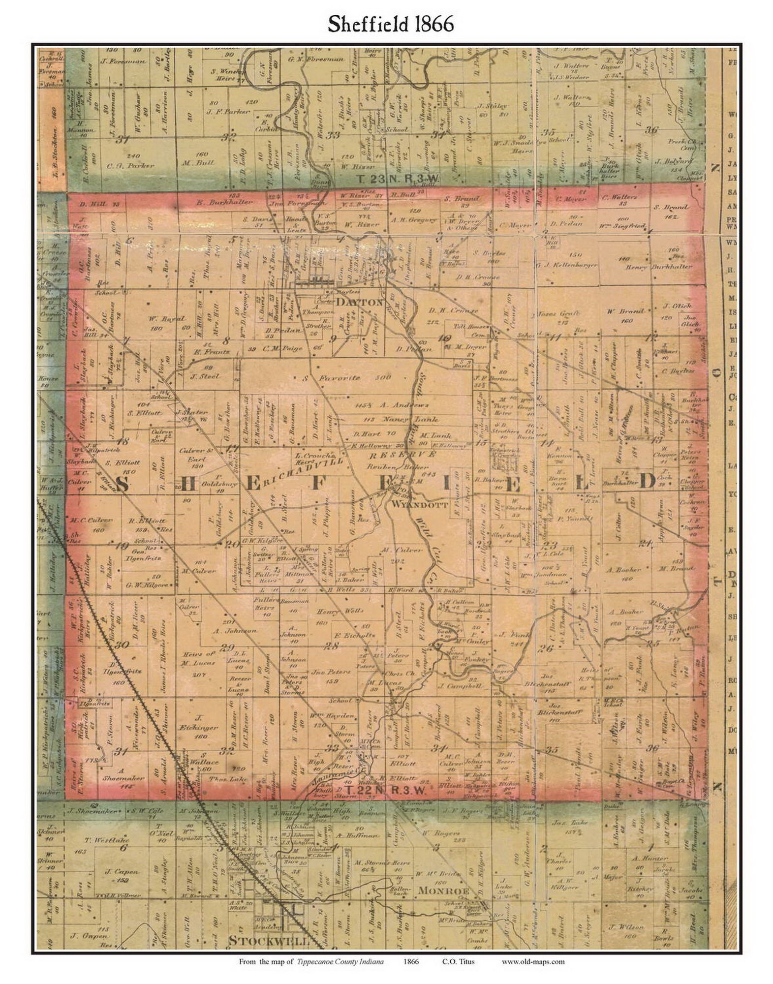 Sheffield 1866 Old Town Map With Homeowner Names Indiana Wyandott ...