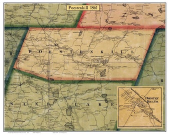 Poestenkill 1861 Old Town Map with Homeowner Names New York - Reprint Genealogy Rensselaer County NY TM