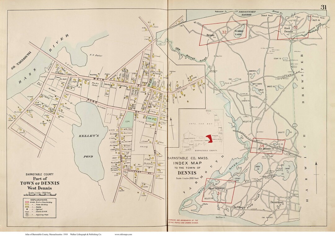 Town of Dennis, West Dennis 1910 Old Street Map Reprint, Kelley's Pond