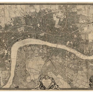 May include: A detailed black and white map of London, England, showing the city's streets, buildings, and the River Thames. The map is dated 1746 and includes a decorative border.