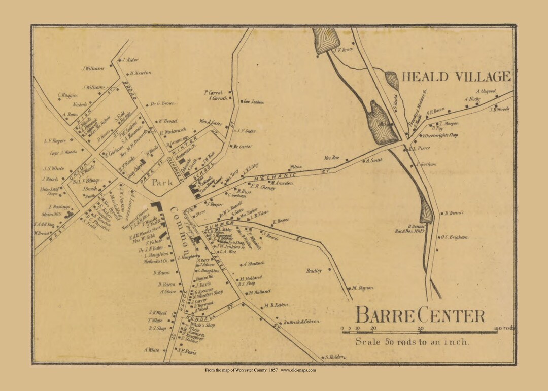 Barre Center 1857 Old Town Map With Homeowner Names Massachusetts Reprint Worcester Co MA TM Etsy