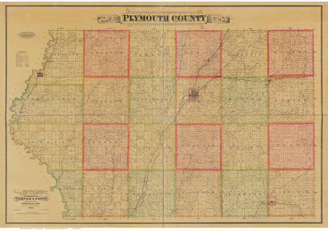 Plymouth County Iowa 1884 Old Wall Map With Landowner Names Farm Lines