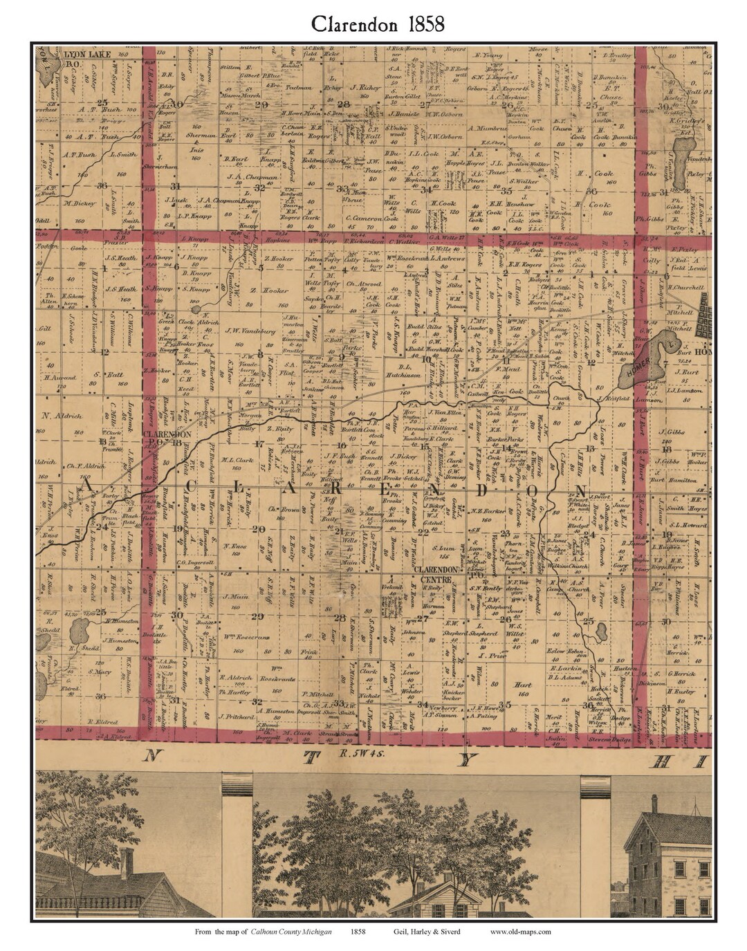 Clarendon 1858 Old Town Map With Homeowner Names Homer Lake Etsy