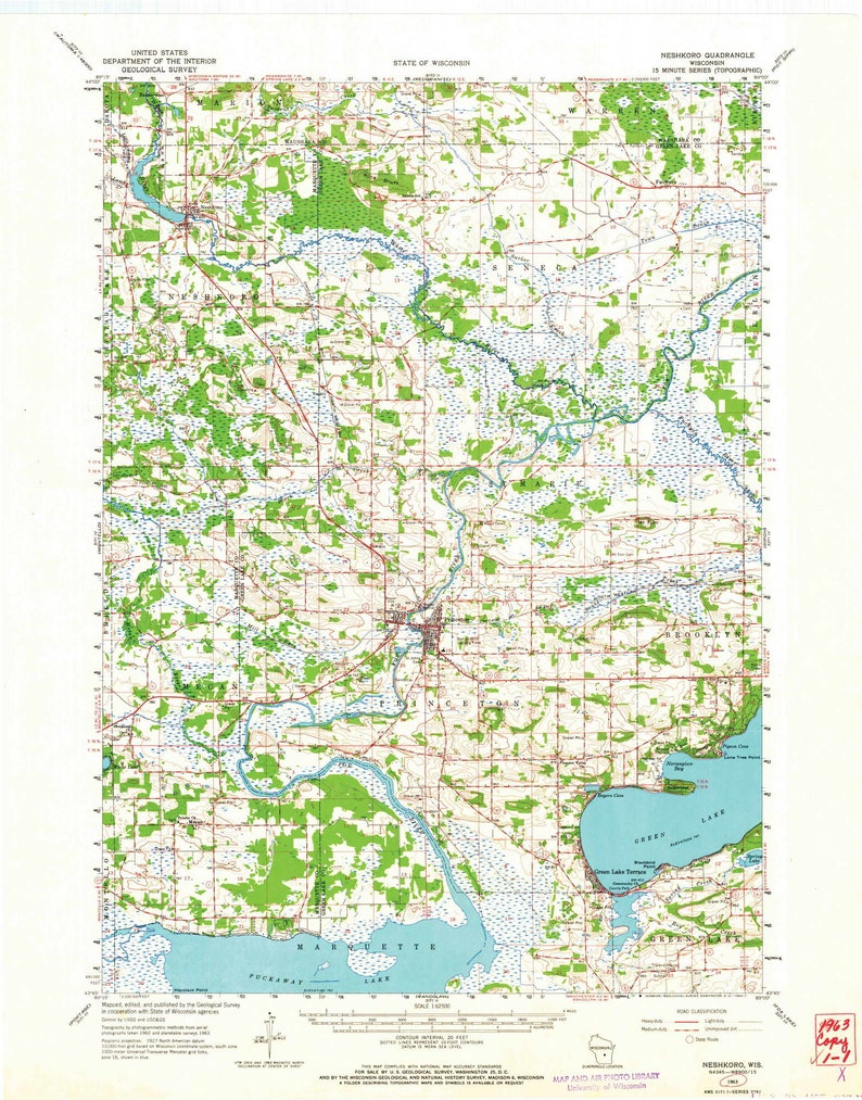 Neshkoro 1963 1964 Old Topo Map Green Lake Puckaway Lake Etsy