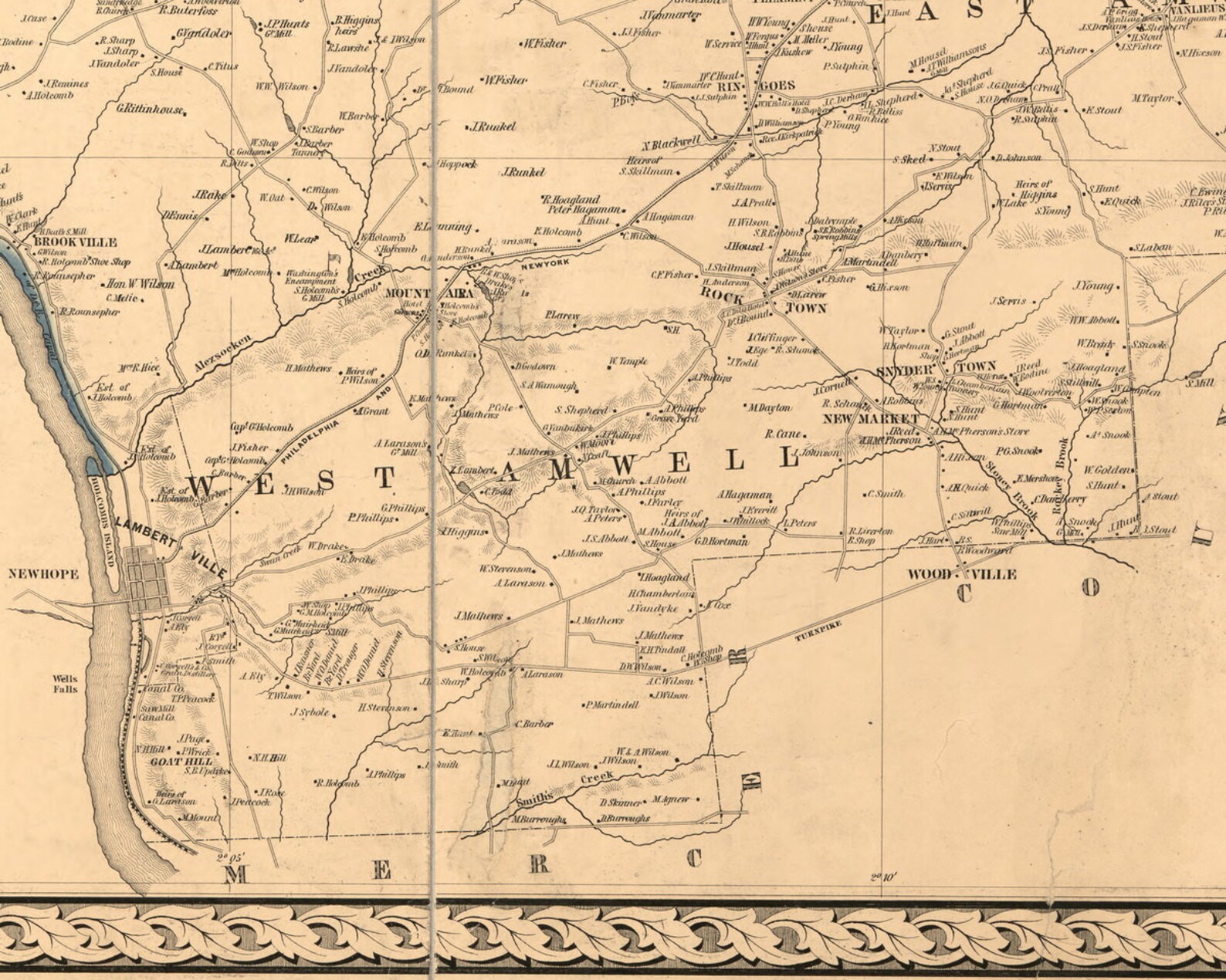 West Amwell 1851 Old Town Map With Homeowner Names New Etsy