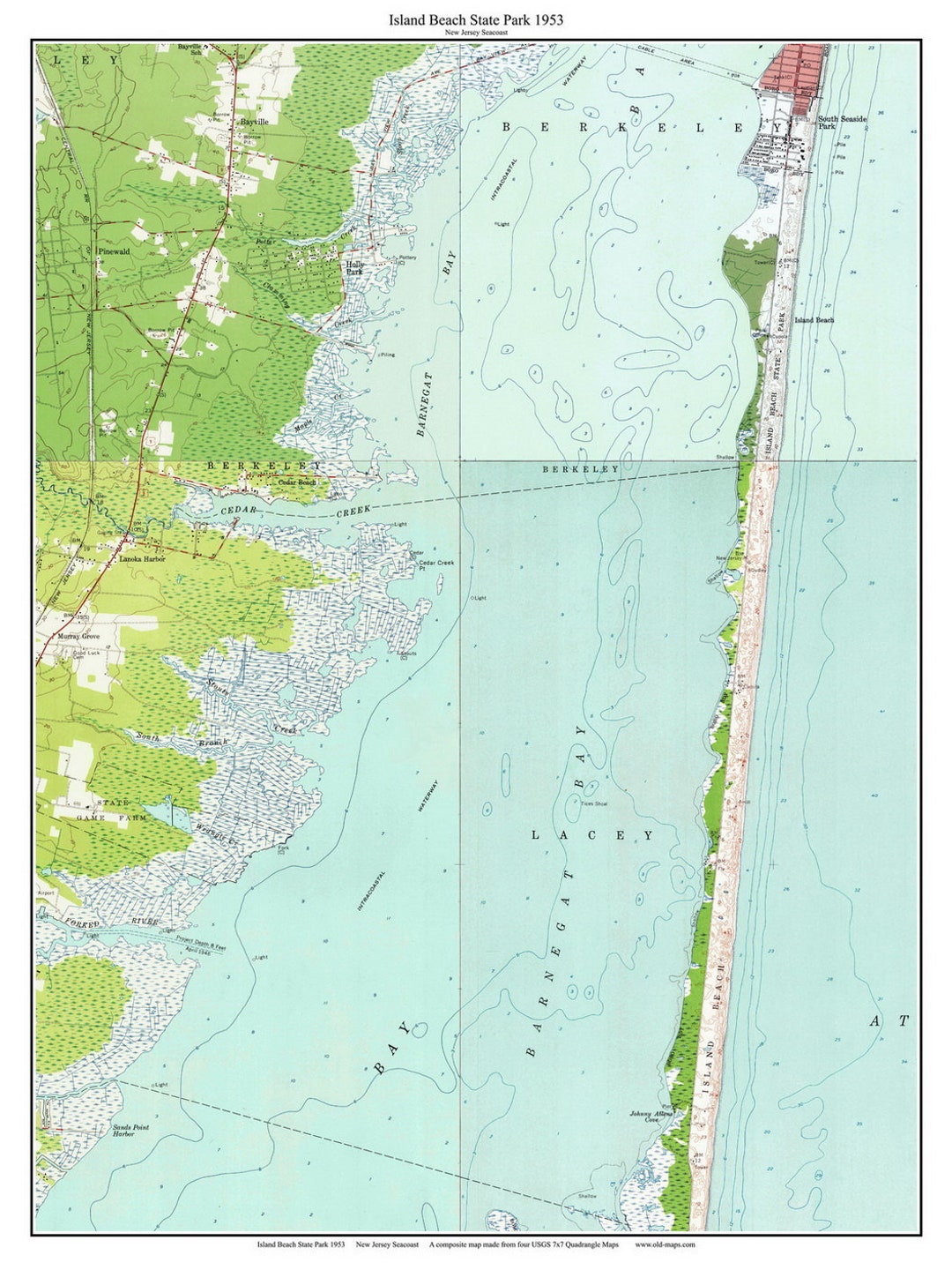 Island Beach State Park 1953 Old Topographic Map USGS Custom Composite ...