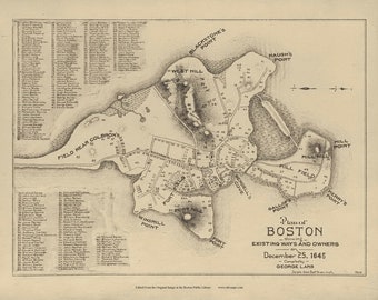 Boston 1645 Map - old house sites - reconstruction map Reprint